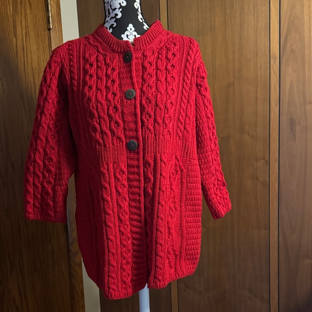 Elegant Red Cable Knit Cardigan Merino Wool